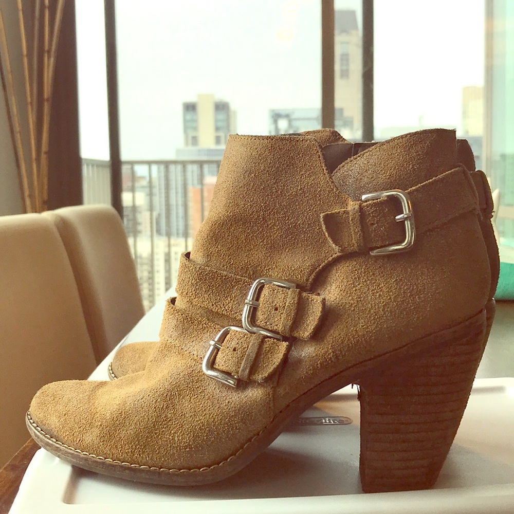 Tan, weathered look, Dolce Vita ankle booties.